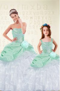 Apple Green Sleeveless Beading and Ruffles and Hand Made Flower Floor Length Quinceanera Gown