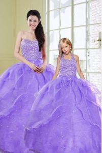 Fitting Lavender Lace Up Sweet 16 Dress Beading Sleeveless Floor Length