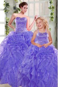 Elegant Sleeveless Organza Floor Length Lace Up Sweet 16 Quinceanera Dress in Lavender with Beading and Ruffles