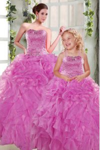 Lilac Ball Gowns Beading and Ruffles Vestidos de Quinceanera Lace Up Organza Sleeveless Floor Length