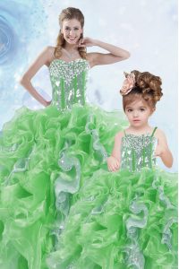Elegant Sleeveless Floor Length Beading and Ruffles and Sequins Lace Up Vestidos de Quinceanera with Green