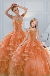 Unique Sleeveless Beading and Ruffled Layers Lace Up Sweet 16 Dresses with Orange