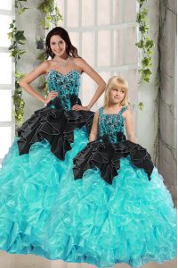 Traditional Turquoise Lace Up Quinceanera Gowns Beading and Ruffles Sleeveless Floor Length