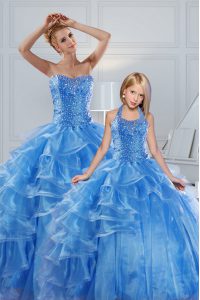 Dazzling Ruffled Ball Gowns 15 Quinceanera Dress Baby Blue Sweetheart Organza Sleeveless Floor Length Lace Up