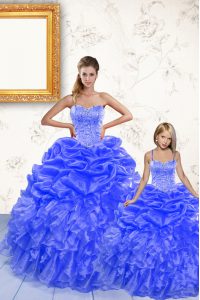 Floor Length Royal Blue Sweet 16 Quinceanera Dress Organza Sleeveless Beading and Ruffles and Pick Ups