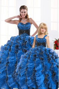 Royal Blue Organza Lace Up Sweetheart Sleeveless Floor Length Quinceanera Gown Beading and Appliques and Ruffles