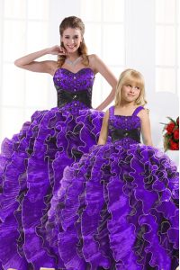 Amazing Sweetheart Sleeveless 15 Quinceanera Dress Floor Length Beading and Appliques and Ruffles Black And Purple Organza