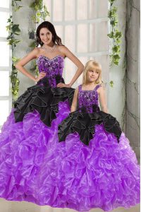 Floor Length Lace Up Ball Gown Prom Dress Black And Purple for Military Ball and Sweet 16 and Quinceanera with Beading and Ruffles