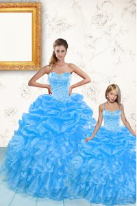 Amazing Sweetheart Sleeveless Ball Gown Prom Dress Floor Length Beading and Ruffles and Pick Ups Baby Blue Organza