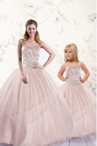 Modest Baby Pink Tulle Lace Up Sweetheart Sleeveless Floor Length 15 Quinceanera Dress Beading