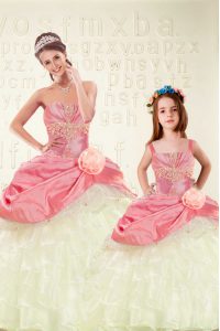 Pink Sweetheart Lace Up Beading and Ruffled Layers and Hand Made Flower 15th Birthday Dress Sleeveless