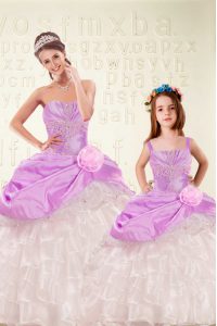 Lilac Organza and Taffeta Lace Up Sweetheart Sleeveless Floor Length Quince Ball Gowns Beading and Ruffled Layers and Hand Made Flower