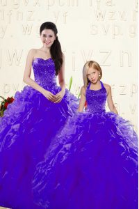 Custom Design Floor Length Lace Up Sweet 16 Dresses Purple for Military Ball and Sweet 16 and Quinceanera with Beading and Ruffles