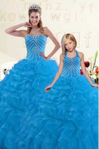 Blue Ball Gown Prom Dress Military Ball and Sweet 16 and Quinceanera and For with Beading and Ruffles Sweetheart Sleeveless Lace Up