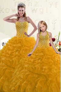 Elegant Gold Ball Gowns Beading and Ruffles Sweet 16 Dresses Lace Up Organza Sleeveless Floor Length