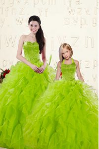 New Style Yellow Green Ball Gowns Sweetheart Sleeveless Organza Floor Length Lace Up Beading and Ruffles Vestidos de Quinceanera