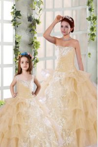 Customized Floor Length Lace Up 15th Birthday Dress Champagne for Military Ball and Sweet 16 and Quinceanera with Beading and Ruffled Layers and Ruching