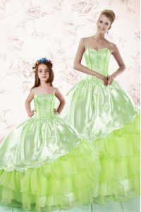 Floor Length Lace Up Ball Gown Prom Dress Yellow Green for Military Ball and Sweet 16 and Quinceanera with Embroidery and Ruffled Layers