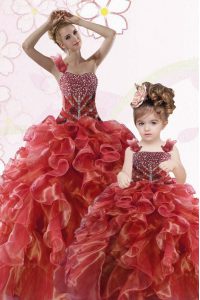 Fashion One Shoulder Sleeveless Organza Floor Length Lace Up Sweet 16 Dresses in Coral Red with Beading and Ruffles