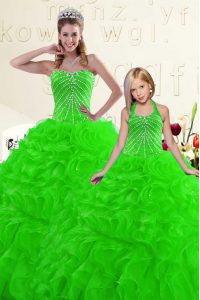 Customized Floor Length Green Quince Ball Gowns Organza Sleeveless Beading and Ruffles