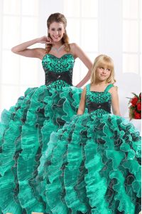 Turquoise Organza Lace Up Sweet 16 Dresses Sleeveless Floor Length Beading and Appliques and Ruffles