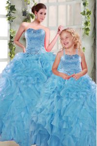 Organza Sweetheart Sleeveless Lace Up Beading and Ruffles Quinceanera Dress in Aqua Blue