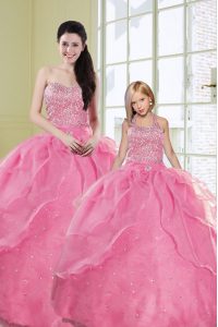 Inexpensive Rose Pink Lace Up Sweetheart Beading and Sequins Quinceanera Dresses Organza Sleeveless