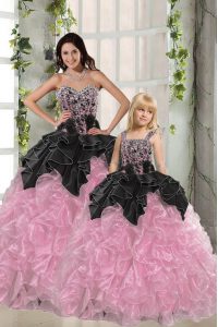 On Sale Pink And Black Sleeveless Organza Lace Up Quinceanera Dresses for Military Ball and Sweet 16 and Quinceanera