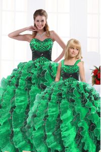 Inexpensive Green 15 Quinceanera Dress Military Ball and Sweet 16 and Quinceanera and For with Beading and Appliques and Ruffles Sweetheart Sleeveless Lace Up
