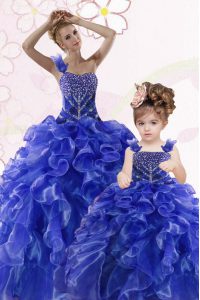 Adorable One Shoulder Royal Blue Organza Lace Up Quince Ball Gowns Sleeveless Floor Length Beading and Ruffles
