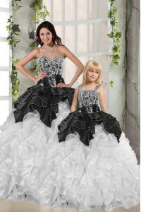 Custom Design Organza Sweetheart Sleeveless Lace Up Beading and Ruffles Quinceanera Gown in White and Black