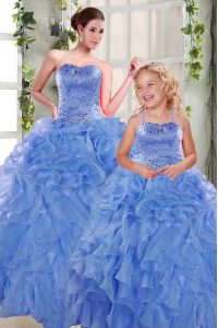 Fantastic Beading and Ruffles Quinceanera Dress Blue Lace Up Sleeveless Floor Length