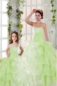 Yellow Green Ball Gowns Beading and Ruffled Layers and Ruching Quinceanera Gowns Lace Up Organza Sleeveless Floor Length