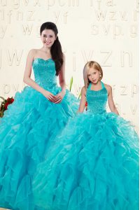 Ideal Floor Length Ball Gowns Sleeveless Aqua Blue Sweet 16 Dresses Lace Up