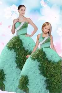 Turquoise Sleeveless Floor Length Beading and Sequins Lace Up Sweet 16 Dresses