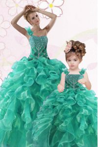 Hot Sale One Shoulder Turquoise Ball Gowns Beading and Ruffles Quinceanera Gowns Lace Up Organza Sleeveless Floor Length