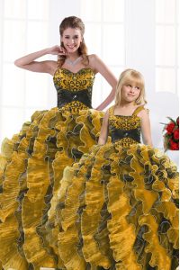 Beauteous Gold Lace Up 15 Quinceanera Dress Beading and Appliques and Ruffles Sleeveless Floor Length