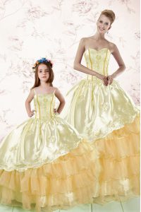 Sweetheart Sleeveless 15th Birthday Dress Floor Length Embroidery and Ruffled Layers Gold Organza