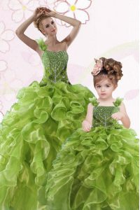 Best Green Sweet 16 Quinceanera Dress Military Ball and Sweet 16 and Quinceanera and For with Beading and Ruffles One Shoulder Sleeveless Lace Up