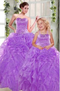 Custom Design Ball Gowns Sweet 16 Dresses Purple Strapless Organza Sleeveless Floor Length Lace Up