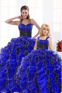 Glamorous Floor Length Lace Up Sweet 16 Dress Royal Blue for Military Ball and Sweet 16 and Quinceanera with Beading and Appliques and Ruffles