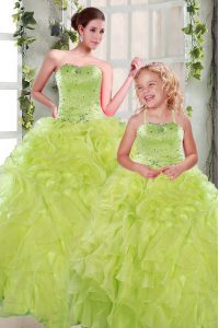 Stylish Strapless Sleeveless Lace Up 15th Birthday Dress Yellow Green Organza