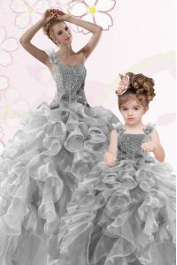 Dazzling One Shoulder Grey Lace Up Sweet 16 Dresses Beading and Ruffles Sleeveless Floor Length