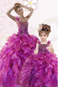 Fuchsia Sweetheart Neckline Beading and Ruffles Quinceanera Dress Sleeveless Lace Up