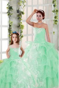 Attractive Floor Length Lace Up Ball Gown Prom Dress Apple Green for Military Ball and Sweet 16 and Quinceanera with Beading and Ruffled Layers and Ruching