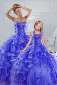 Blue Sleeveless Beading and Ruffled Layers Floor Length Quince Ball Gowns