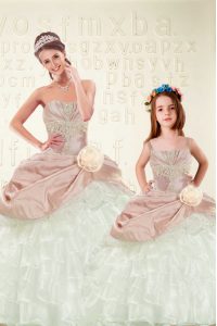 Organza and Taffeta Sleeveless Floor Length 15th Birthday Dress and Beading and Ruffled Layers and Hand Made Flower