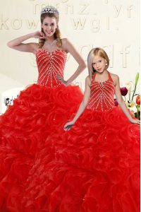 Ideal Red Ball Gowns Beading and Ruffles Sweet 16 Quinceanera Dress Lace Up Organza Sleeveless Floor Length