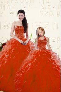Free and Easy Red Ball Gowns Sweetheart Long Sleeves Organza Floor Length Lace Up Beading and Ruffles Sweet 16 Dresses