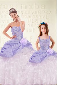 Beading and Ruffled Layers and Hand Made Flower Quince Ball Gowns Lavender Lace Up Sleeveless Floor Length